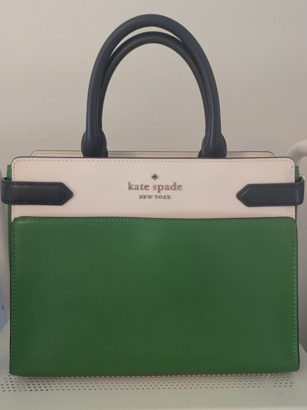 Kate Spade Staci Colorblock Green, Navy& White Structured Leather Medium Satchel